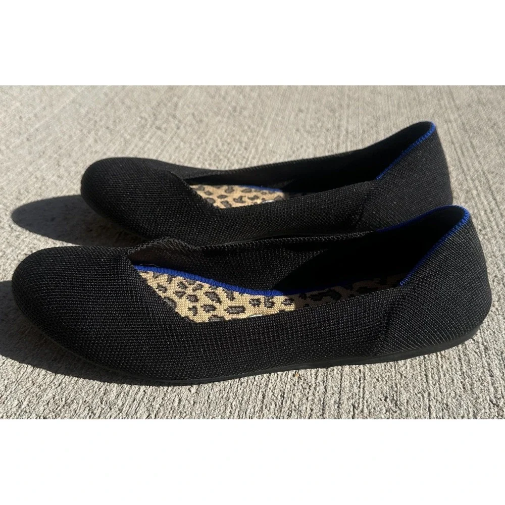 Rothy's The Daily Flat Black Blue Halo Leopard Insole Round Toe V-Cut Flats 9